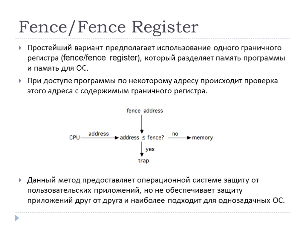 Fence/Fence Register Простейший вариант предполагает использование одного граничного регистра (fence/fence register), который разделяет память